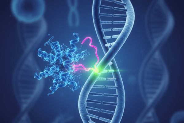 An illustration showing how CRISPR gene editing technology works on a DNA strand.