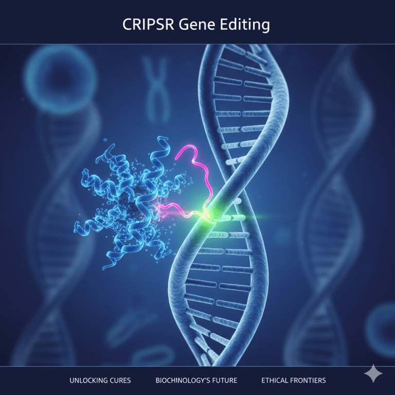An illustration showing how CRISPR gene editing technology works on a DNA strand.