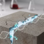 A close-up view of self-healing concrete repairing a crack...