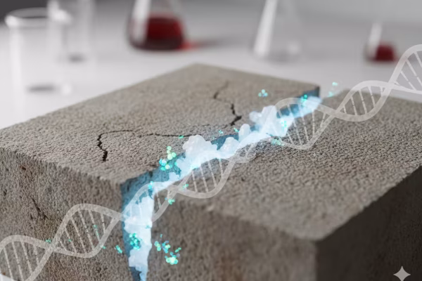 A close-up view of self-healing concrete repairing a crack...