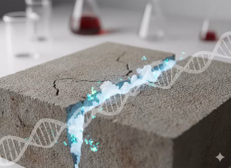 A close-up view of self-healing concrete repairing a crack...