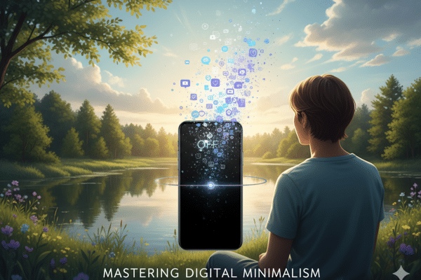 A person looking at a serene landscape instead of a phone, symbolizing digital minimalism and reclaiming focus