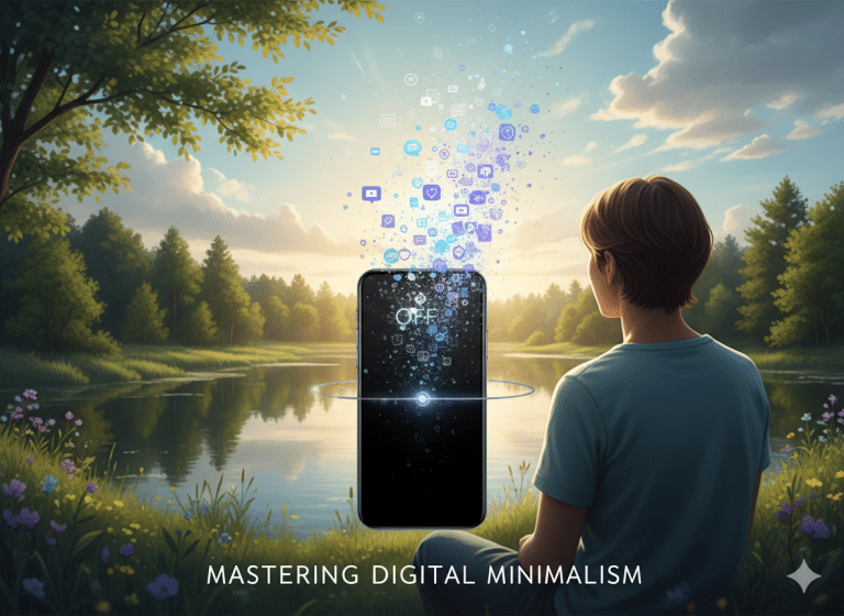 A person looking at a serene landscape instead of a phone, symbolizing digital minimalism and reclaiming focus