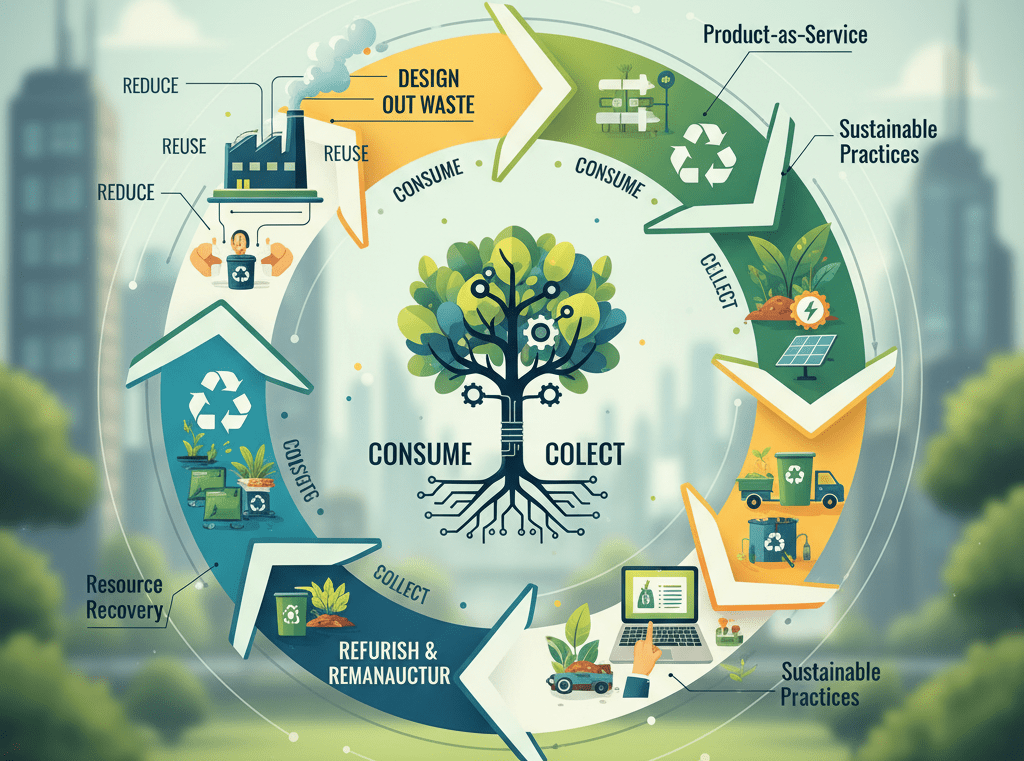 an infographic explaining the key circular economy business models for sustainable practices.