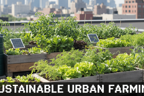 A vibrant rooftop garden showcasing sustainable urban farming with city skyscrapers in the background.