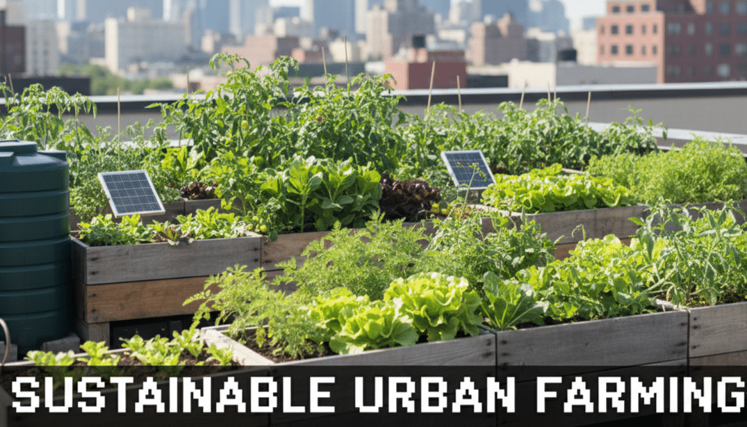 A vibrant rooftop garden showcasing sustainable urban farming with city skyscrapers in the background.