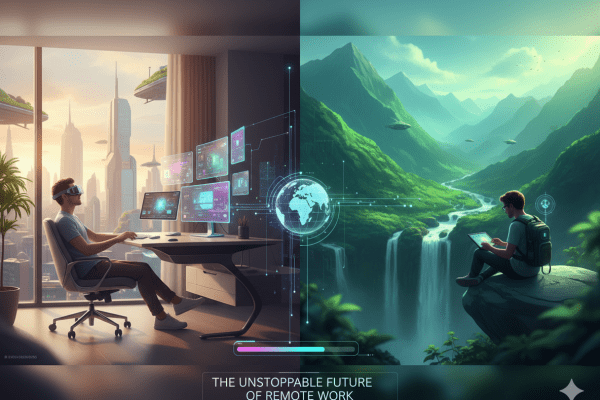 A professional working on a laptop with a scenic background, illustrating the future of remote work