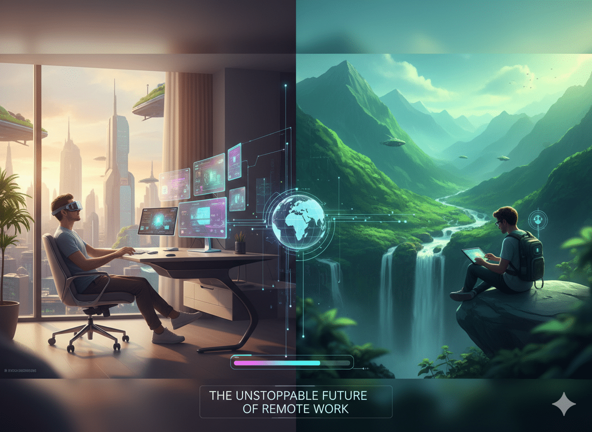 A professional working on a laptop with a scenic background, illustrating the future of remote work